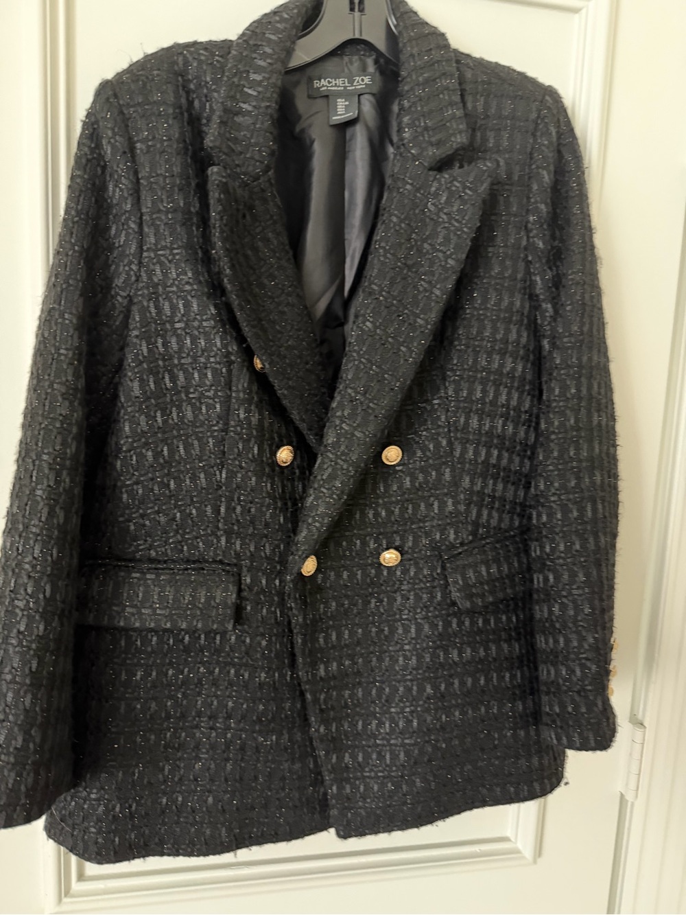Rachel Zoe Black Textured Double-Breasted Blazer with Gold Buttons